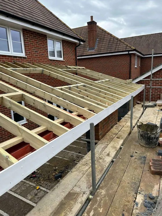 Flat roof joists on a rear extension