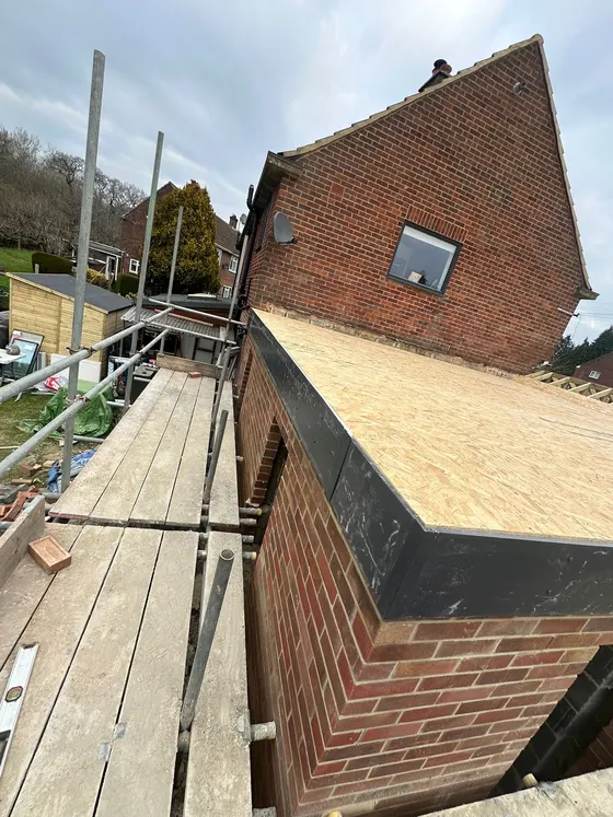 Flat roof on an extension, viewed from the scaffold