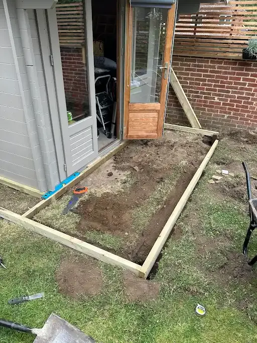 Timber base frame laid out for a garden room